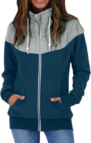SHAOBGE Zip Sweatshirts for Women Womens Casual Solid Contrast Long Sleeve Zipper Coat Pocket Fleece Hoodie Women Zip up