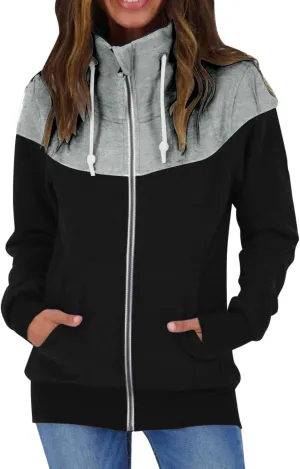 SHAOBGE Zip Sweatshirts for Women Womens Casual Solid Contrast Long Sleeve Zipper Coat Pocket Fleece Hoodie Women Zip up