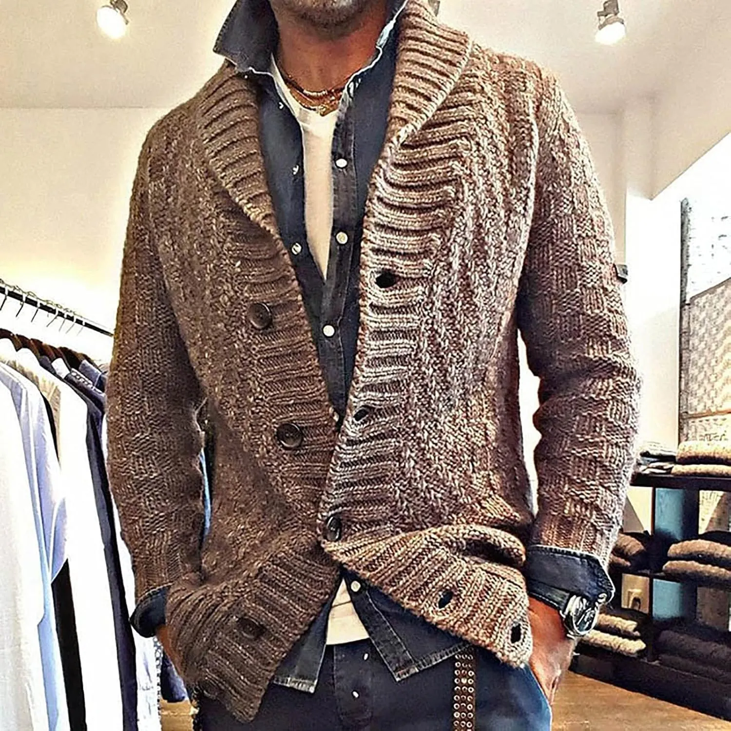 Shawl Collar Cardigan Sweater for Men's Warm Knit Button Down Coats Hipster Simple Versatile Overcoat Utility Sweater