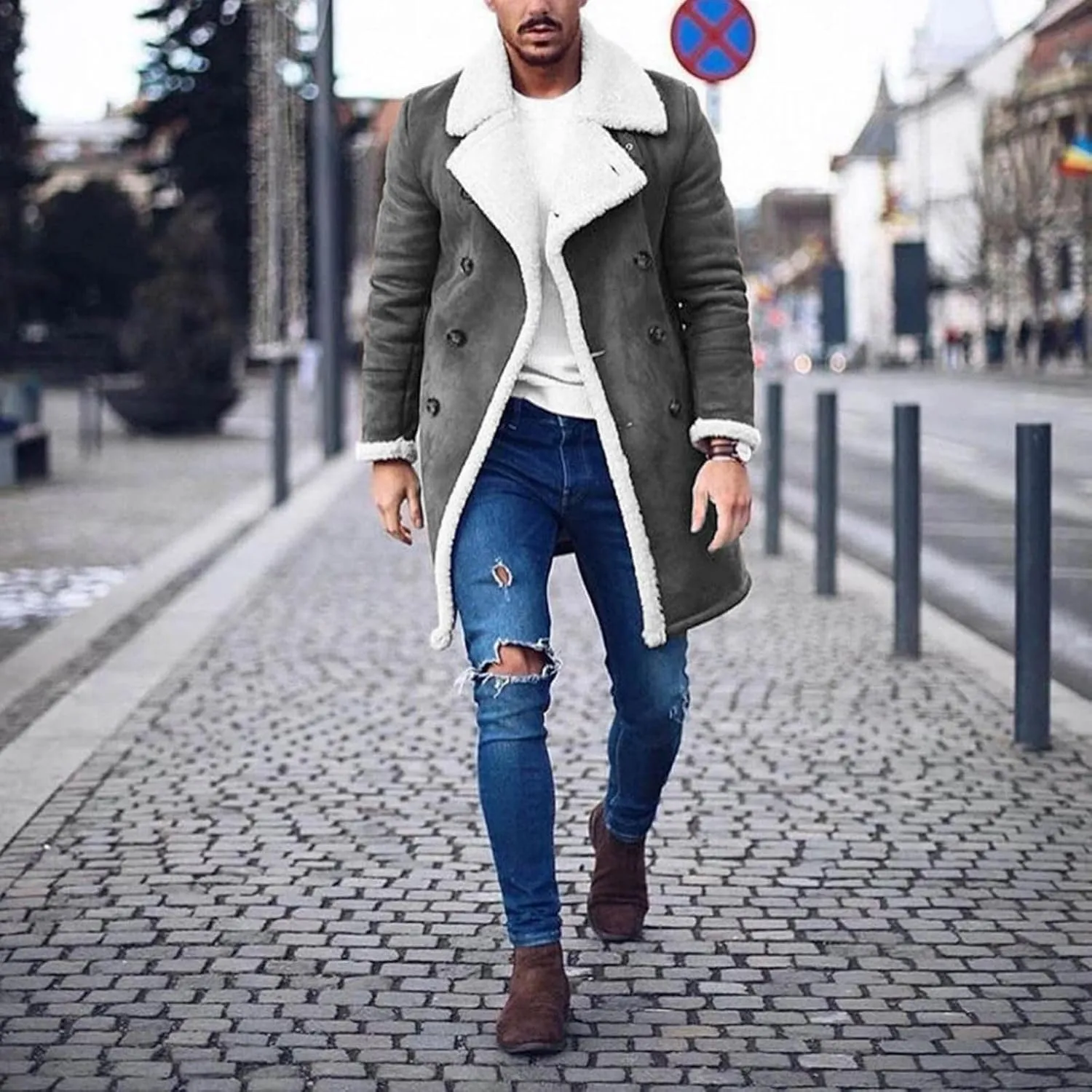 Sherpa Lined Jacket Men Sheepskin Fleece Coat Fur Collar Long Trench Coats Double Breasted Peacoat Warm Winter Overcoat