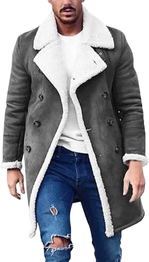 Sherpa Lined Jacket Men Sheepskin Fleece Coat Fur Collar Long Trench Coats Double Breasted Peacoat Warm Winter Overcoat