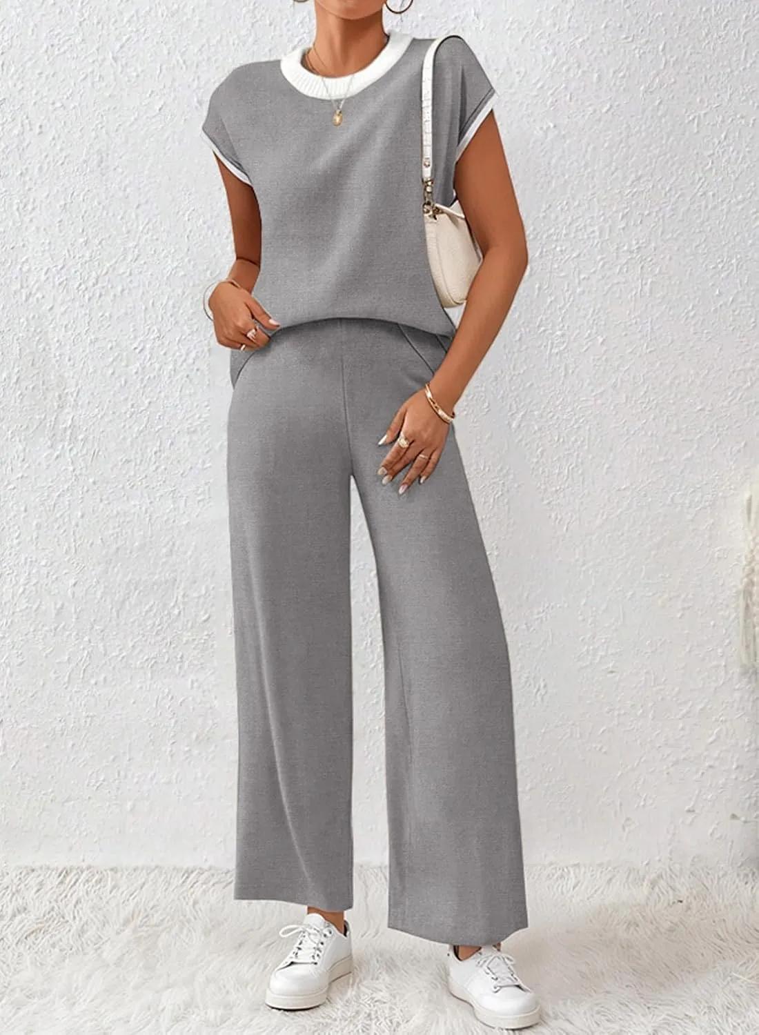 SHEWIN Womens 2 Piece Lounge Sets Casual Cap Sleeve Knit Sweater Top and Linen Pants Set Summer Outfits Clothes