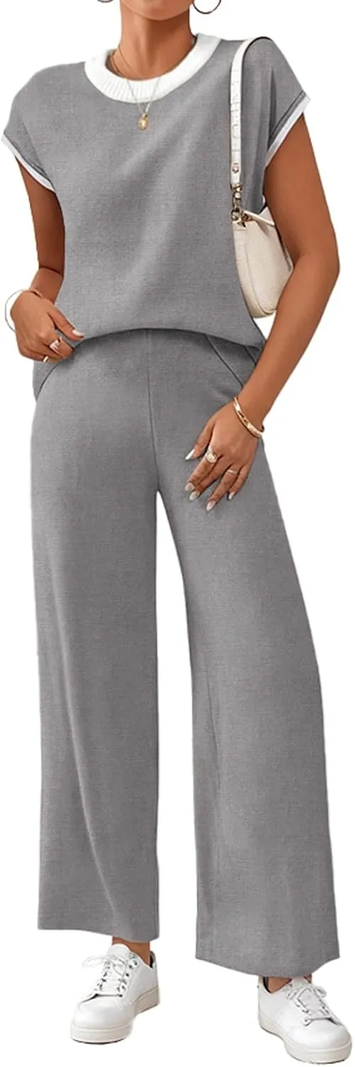 SHEWIN Womens 2 Piece Lounge Sets Casual Cap Sleeve Knit Sweater Top and Linen Pants Set Summer Outfits Clothes