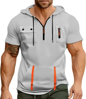 Short Sleeve Hoodies for Men Quarter Zip Summer Gym Workout Athletic Work Hooded T-Shirts with Multi-Pockets