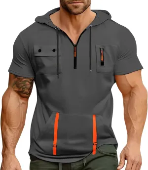 Short Sleeve Hoodies for Men Quarter Zip Summer Gym Workout Athletic Work Hooded T-Shirts with Multi-Pockets