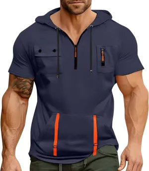 Short Sleeve Hoodies for Men Quarter Zip Summer Gym Workout Athletic Work Hooded T-Shirts with Multi-Pockets