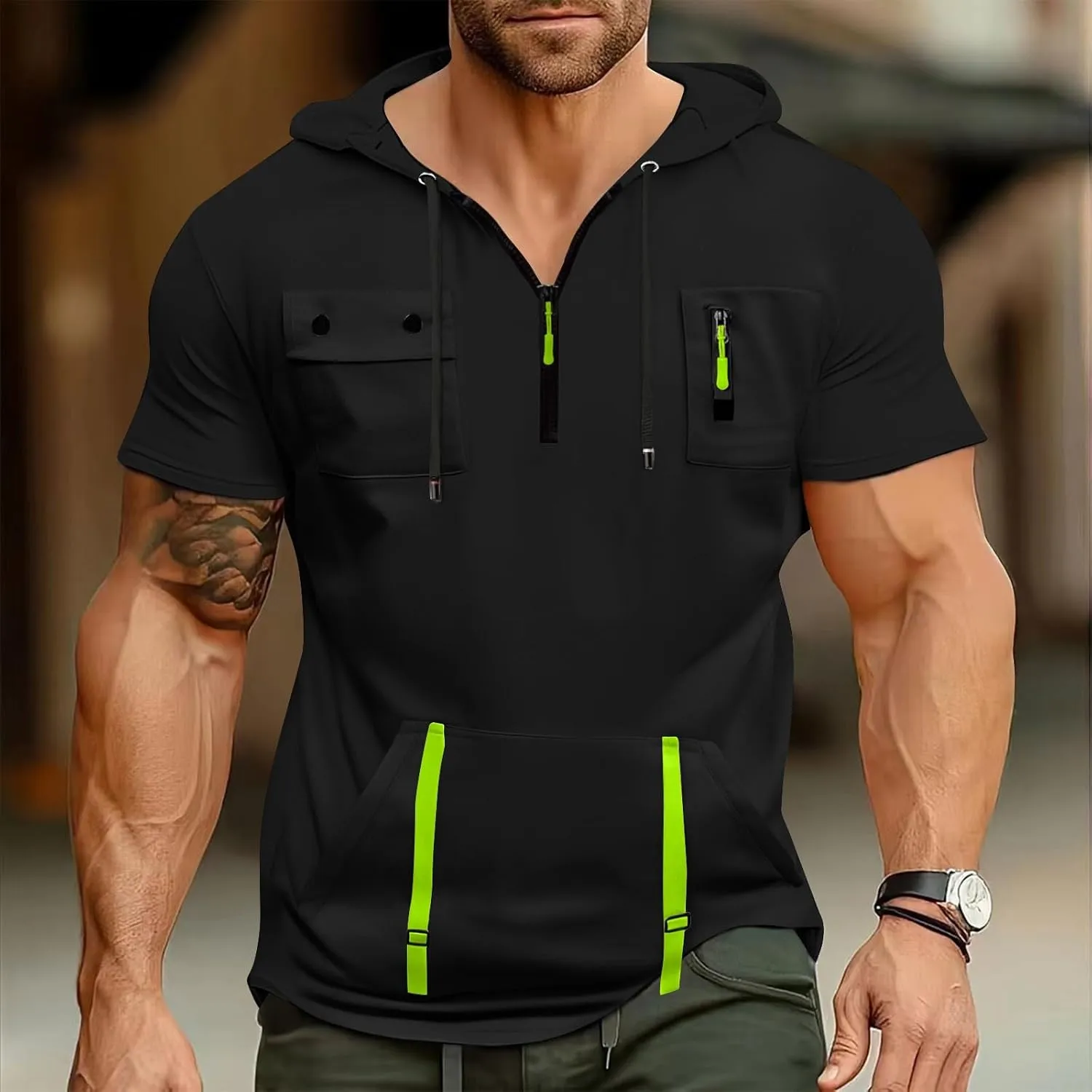 Short Sleeve Hoodies for Men Quarter Zip Summer Gym Workout Athletic Work Hooded T-Shirts with Multi-Pockets
