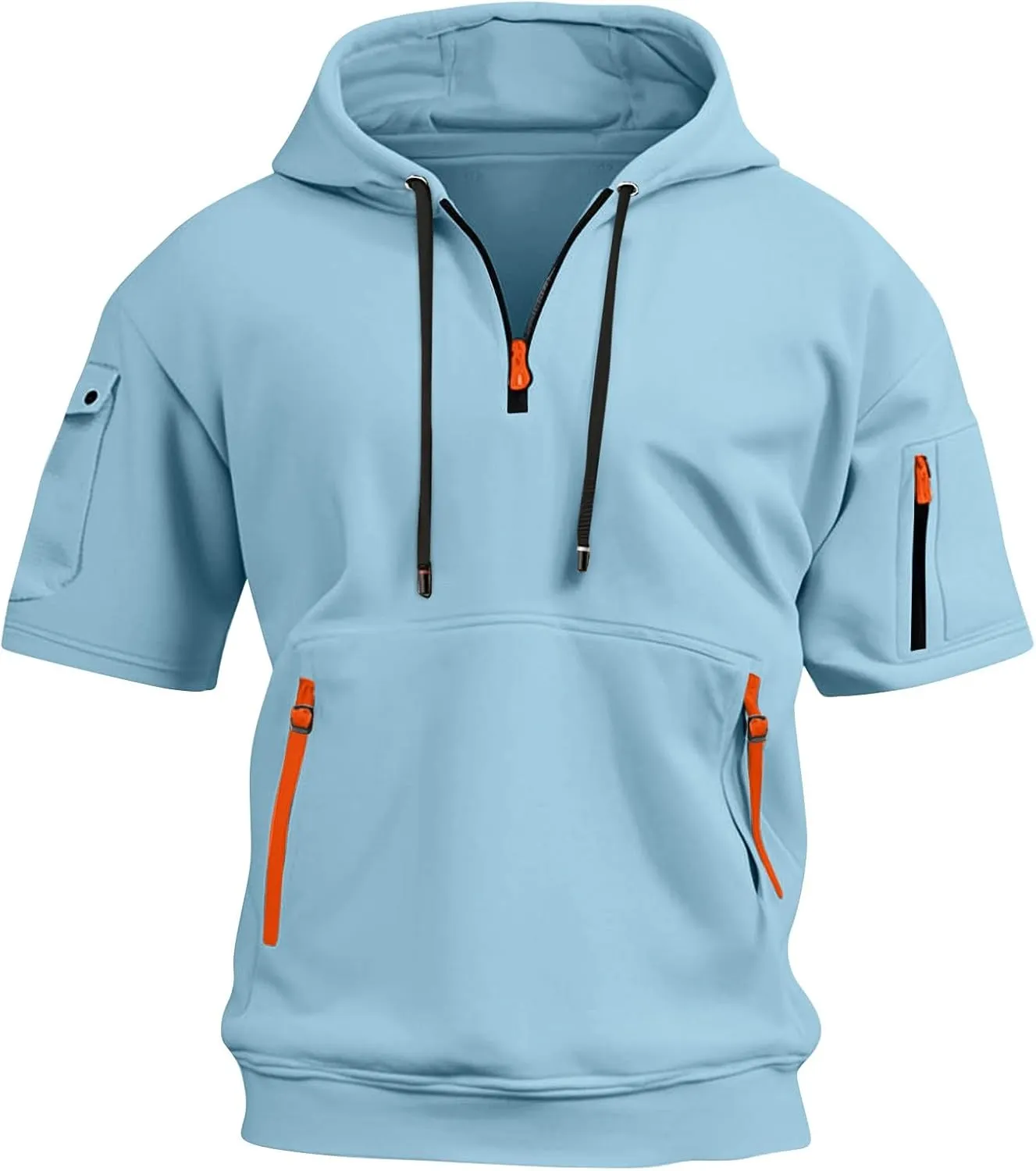Short Sleeve Hoodies for Men Quarter Zip Summer Gym Workout Athletic Work Hooded T-Shirts with Multi-Pockets