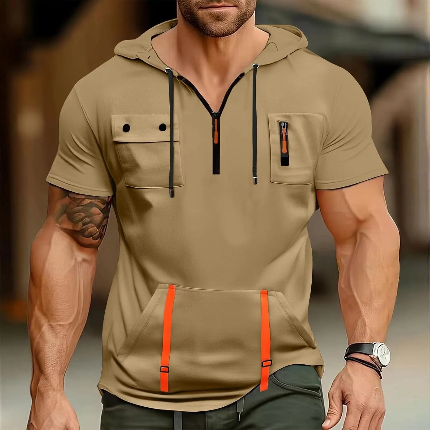 Short Sleeve Hoodies for Men Quarter Zip Summer Gym Workout Athletic Work Hooded T-Shirts with Multi-Pockets