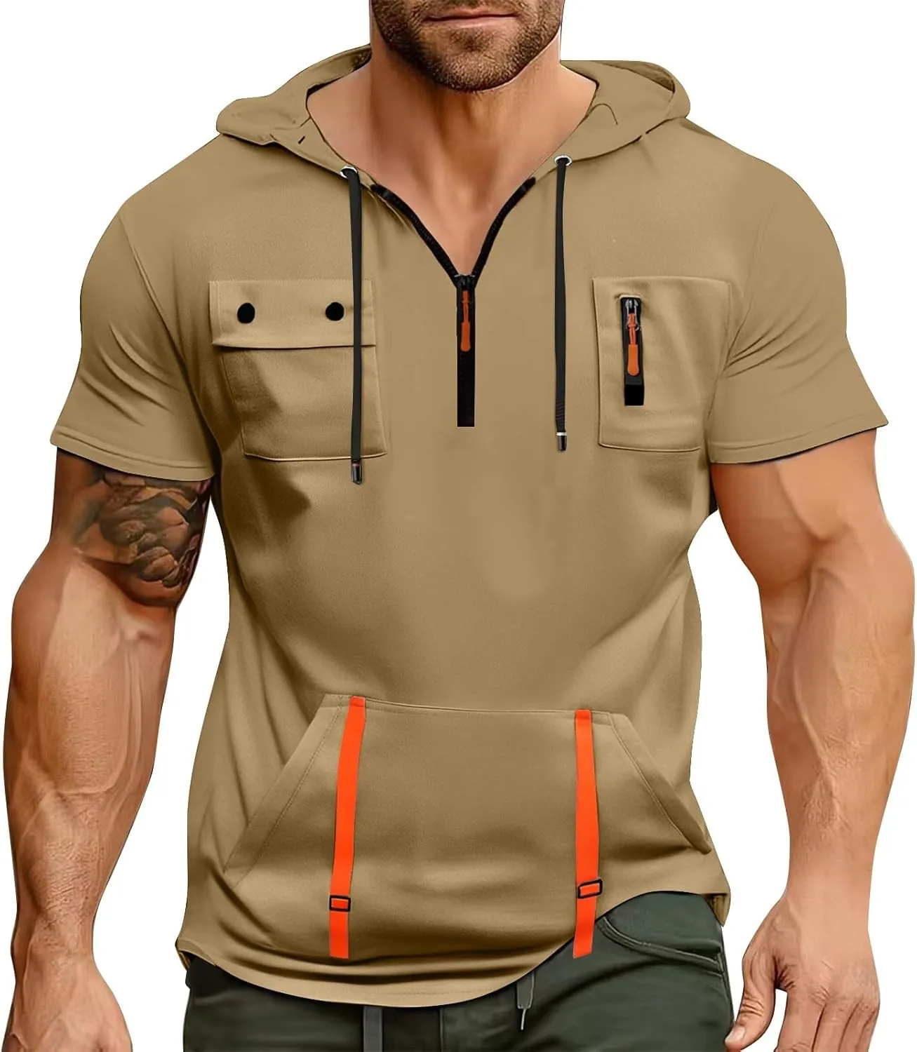 Short Sleeve Hoodies for Men Quarter Zip Summer Gym Workout Athletic Work Hooded T-Shirts with Multi-Pockets