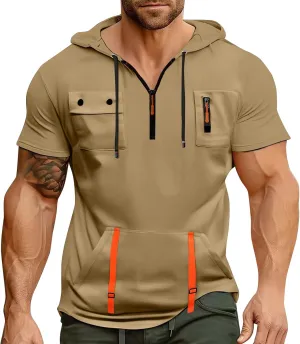 Short Sleeve Hoodies for Men Quarter Zip Summer Gym Workout Athletic Work Hooded T-Shirts with Multi-Pockets