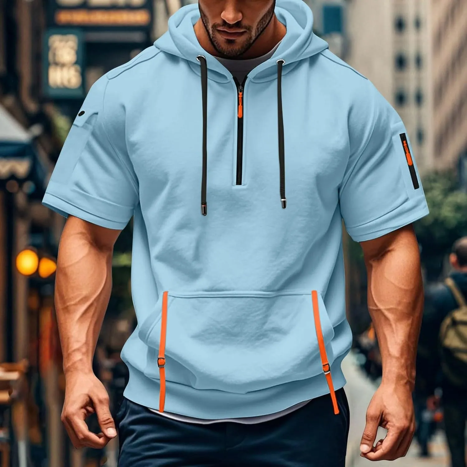 Short Sleeve Hoodies for Men Quarter Zip Summer Gym Workout Athletic Work Hooded T-Shirts with Multi-Pockets