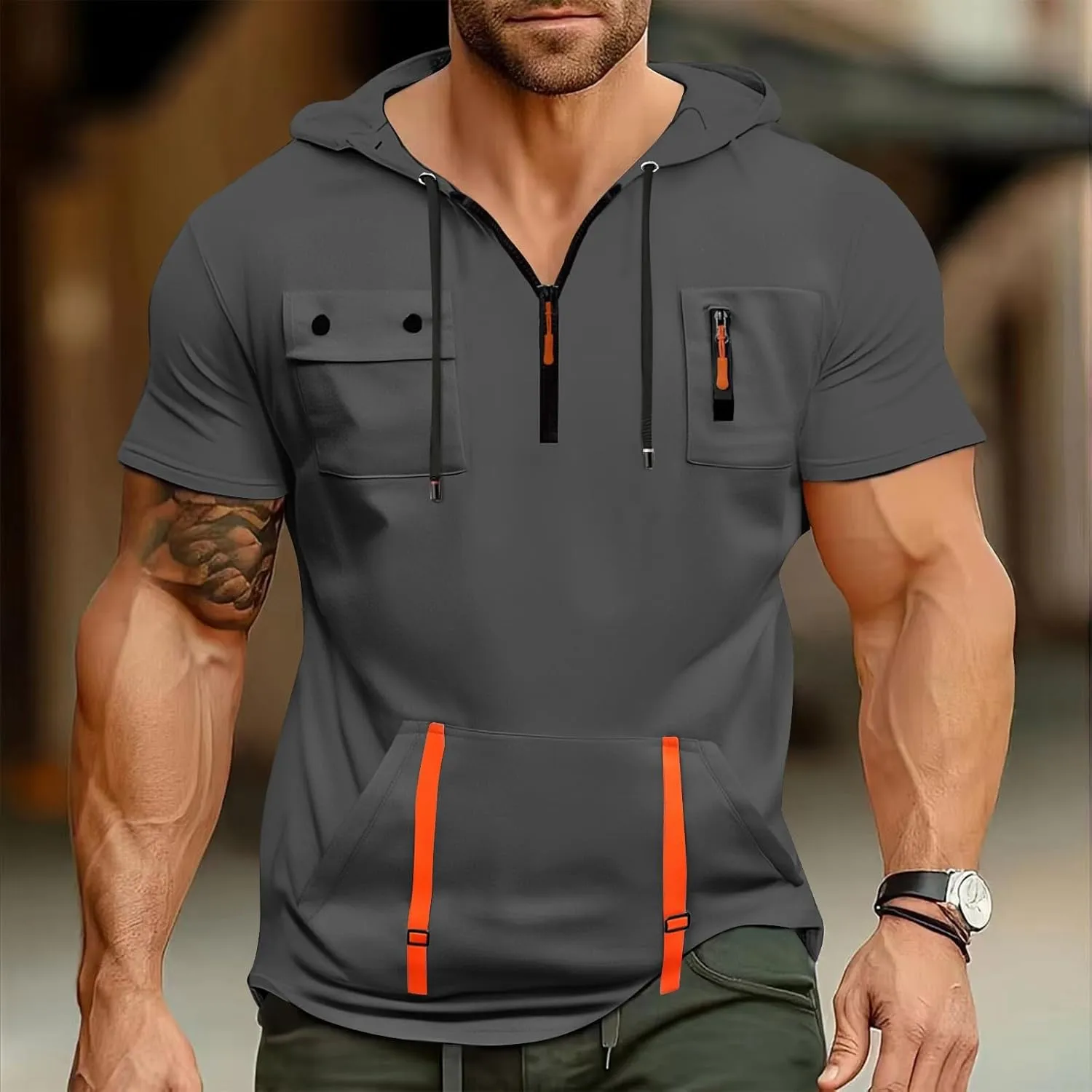 Short Sleeve Hoodies for Men Quarter Zip Summer Gym Workout Athletic Work Hooded T-Shirts with Multi-Pockets