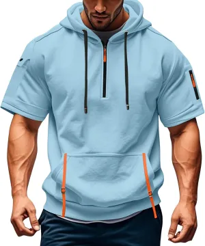 Short Sleeve Hoodies for Men Quarter Zip Summer Gym Workout Athletic Work Hooded T-Shirts with Multi-Pockets