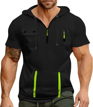 Short Sleeve Hoodies for Men Quarter Zip Summer Gym Workout Athletic Work Hooded T-Shirts with Multi-Pockets