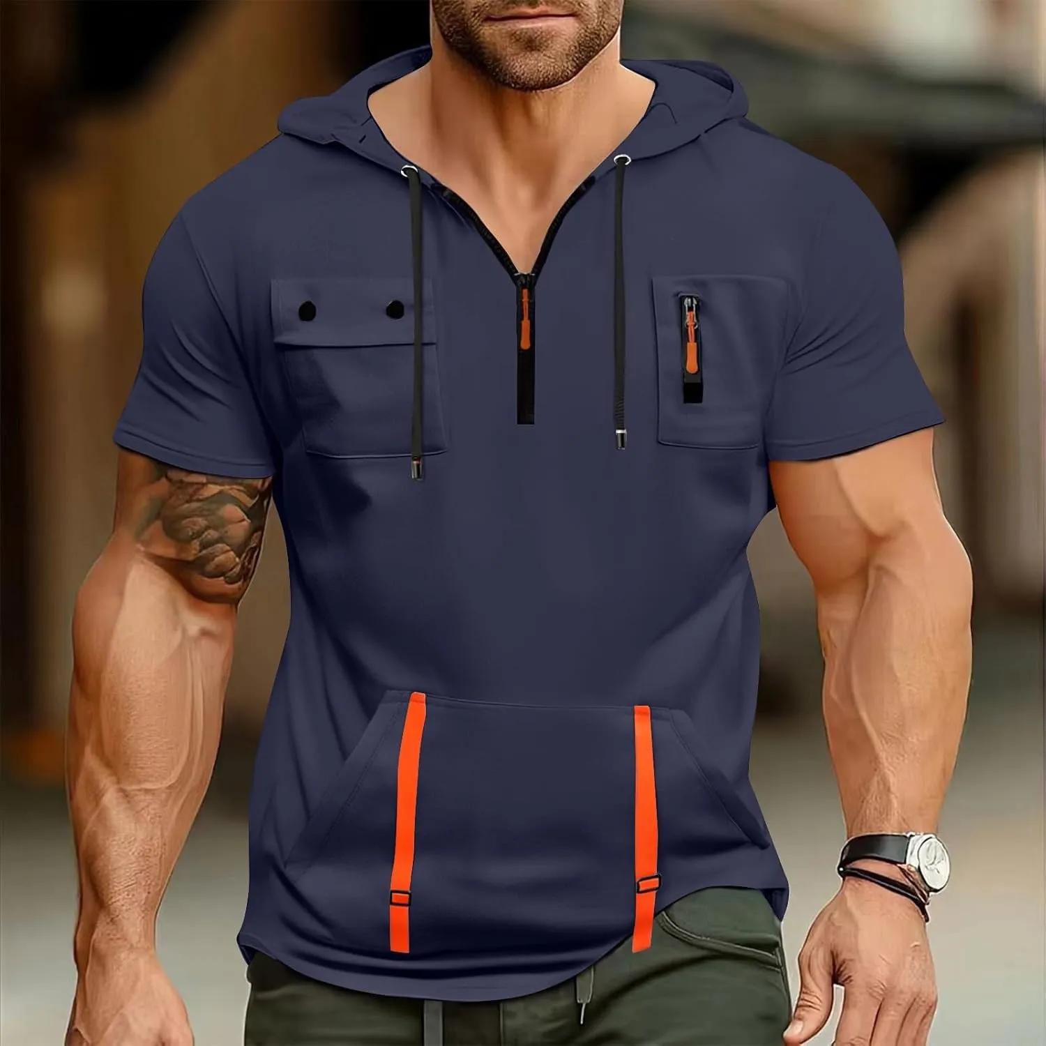 Short Sleeve Hoodies for Men Quarter Zip Summer Gym Workout Athletic Work Hooded T-Shirts with Multi-Pockets