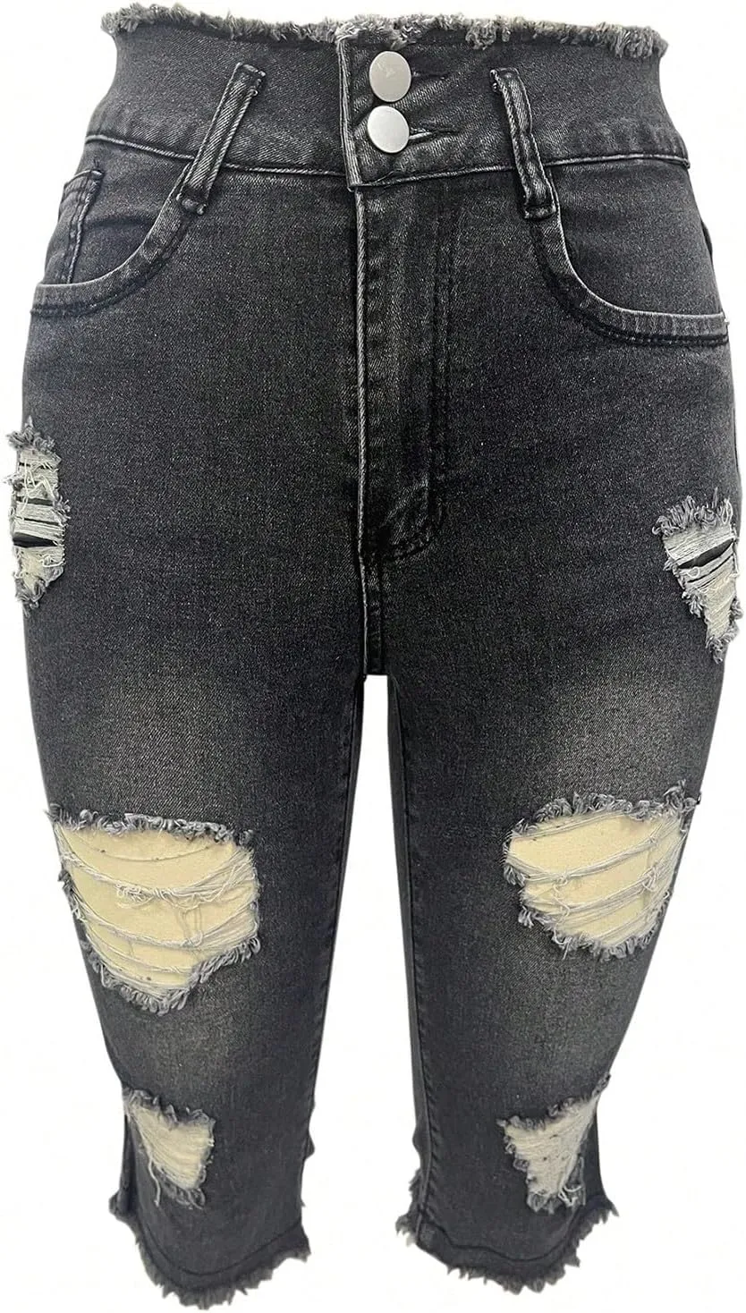 Skinny Capri Jeans for Women Low Rise Cropped Stretchy Ripped Jeans Raw Hem Distressed Denim Jeggings with Pockets