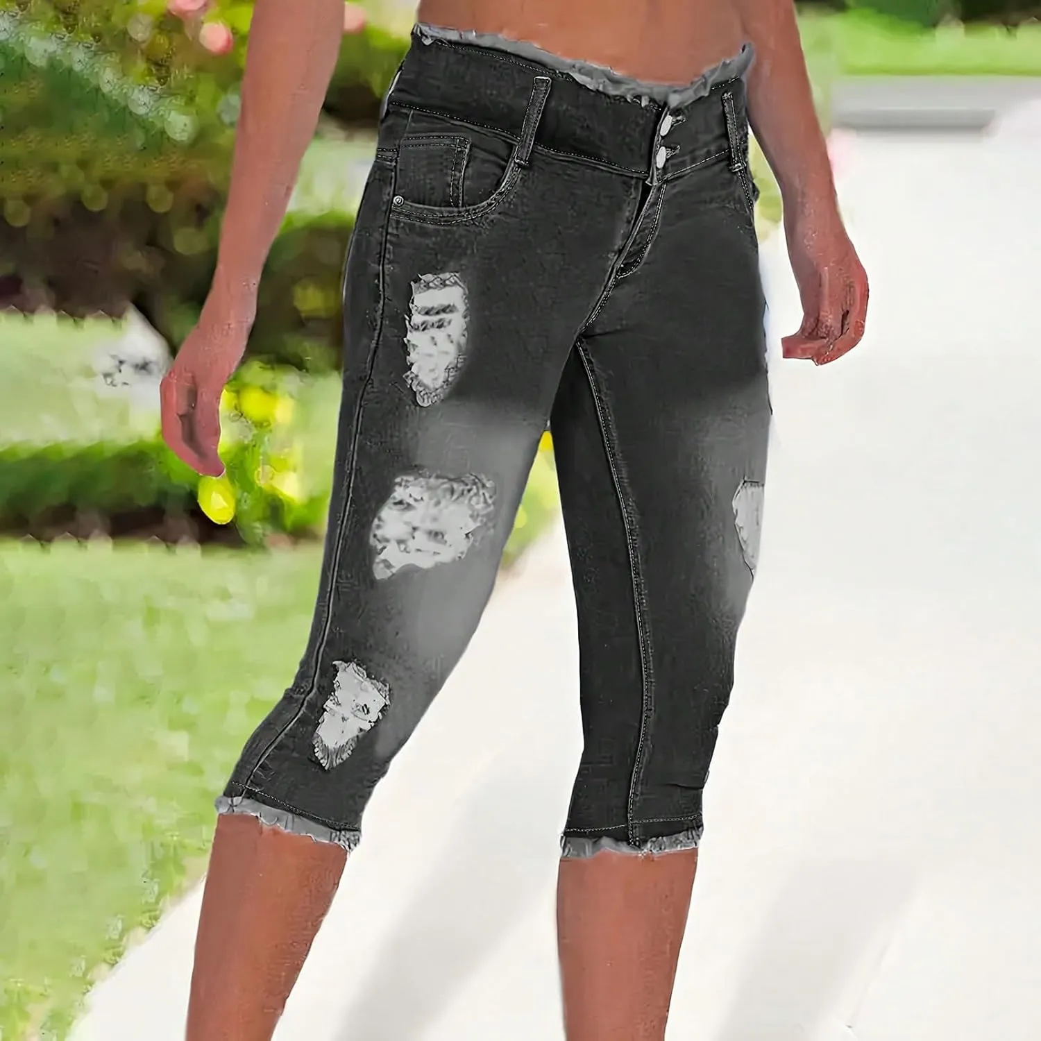 Skinny Capri Jeans for Women Low Rise Cropped Stretchy Ripped Jeans Raw Hem Distressed Denim Jeggings with Pockets