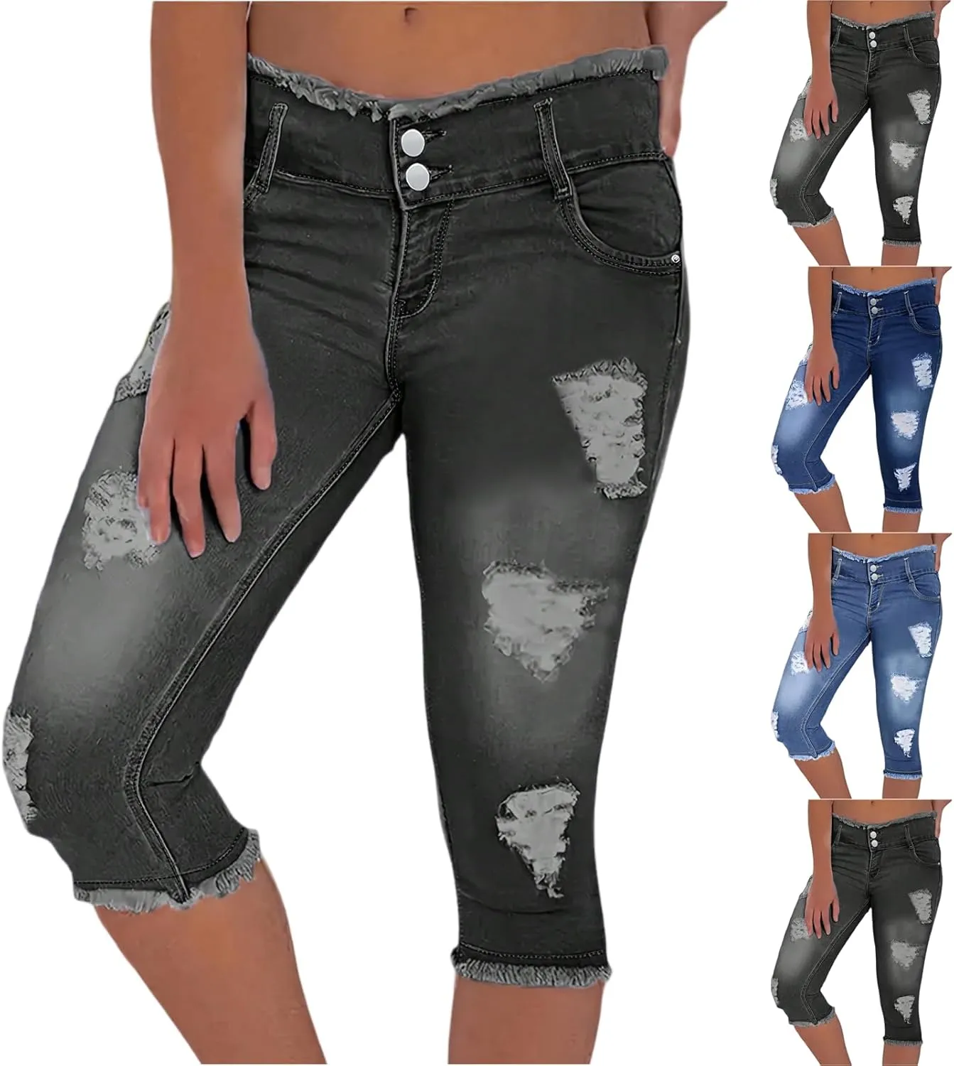 Skinny Capri Jeans for Women Low Rise Cropped Stretchy Ripped Jeans Raw Hem Distressed Denim Jeggings with Pockets