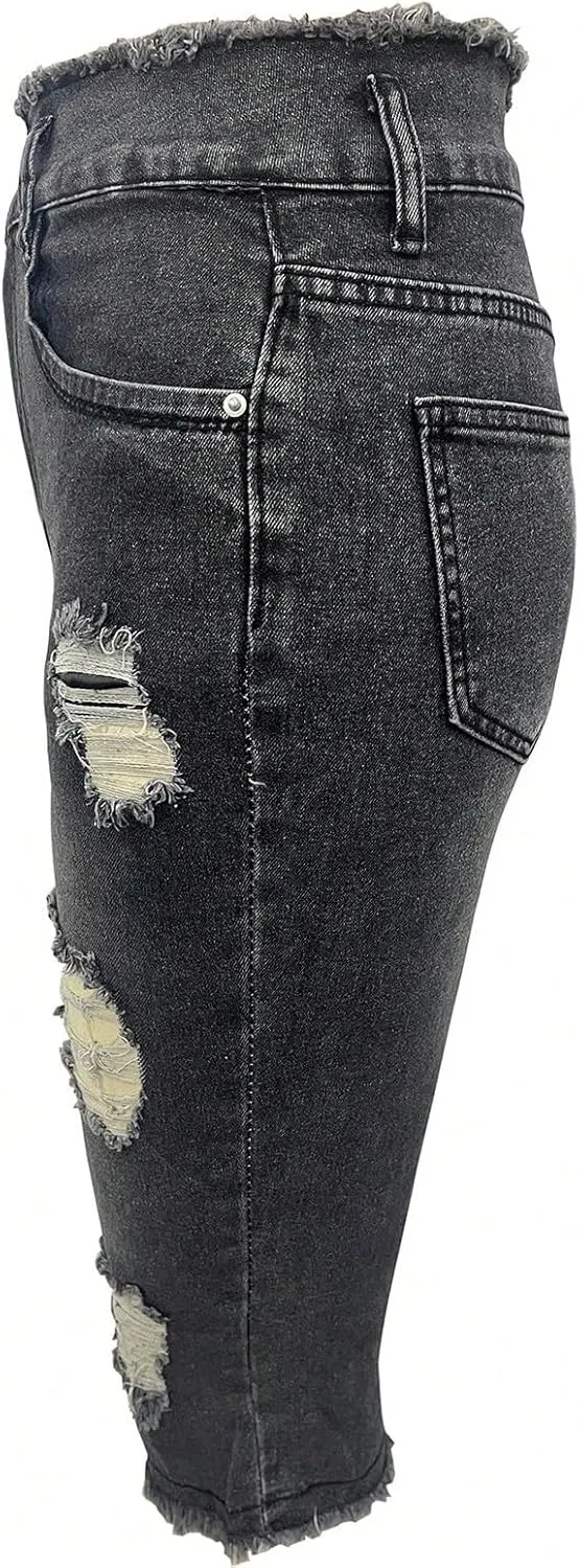 Skinny Capri Jeans for Women Low Rise Cropped Stretchy Ripped Jeans Raw Hem Distressed Denim Jeggings with Pockets