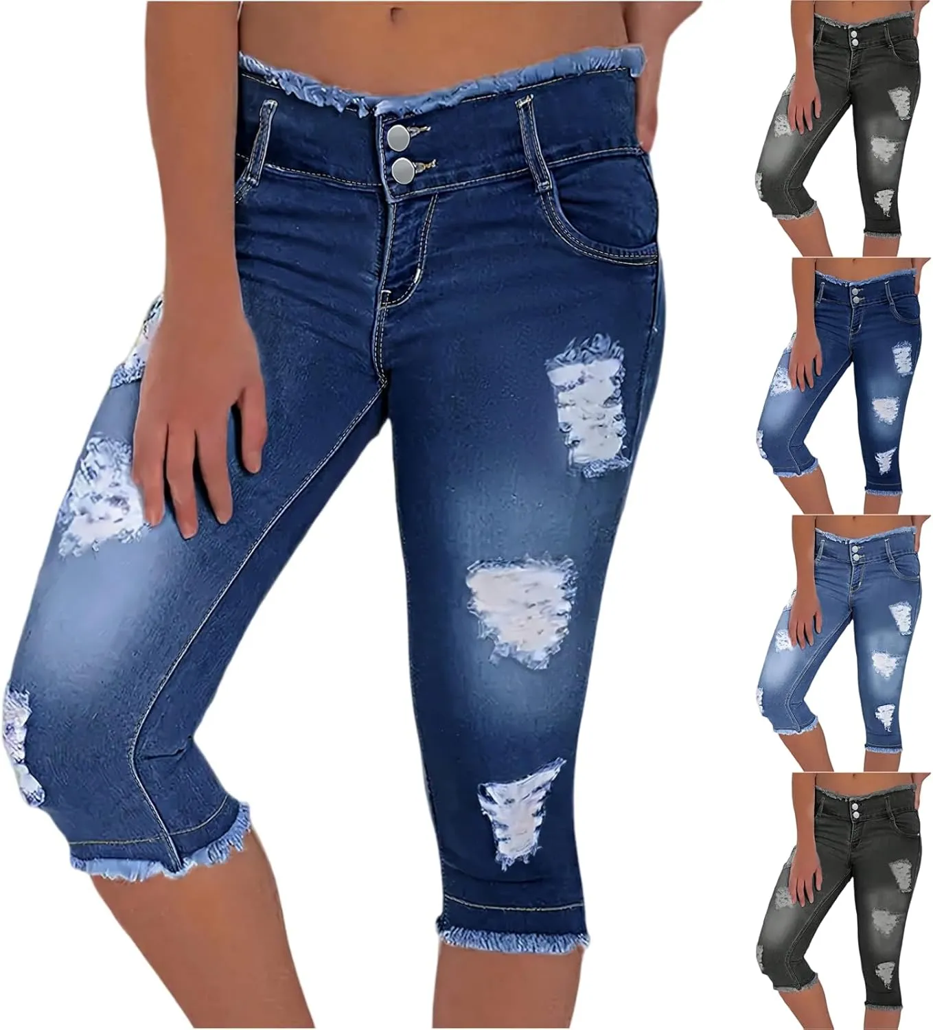 Skinny Capri Jeans for Women Low Rise Cropped Stretchy Ripped Jeans Raw Hem Distressed Denim Jeggings with Pockets