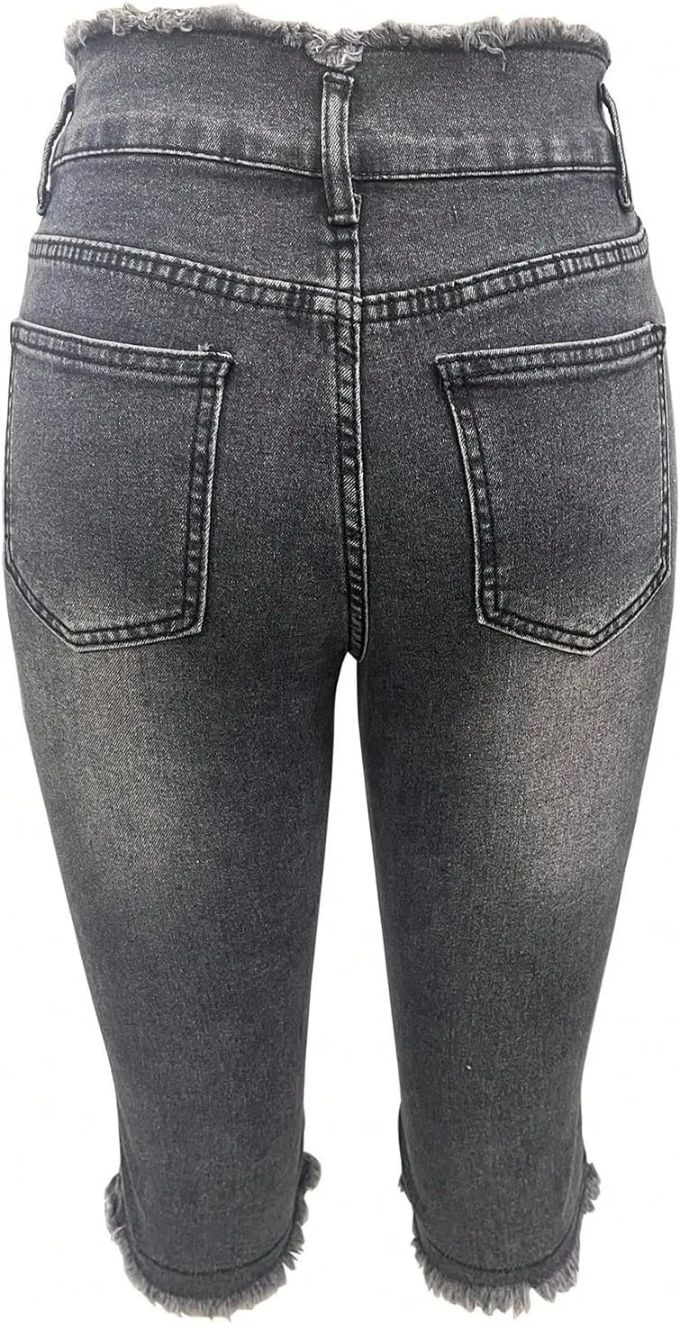 Skinny Capri Jeans for Women Low Rise Cropped Stretchy Ripped Jeans Raw Hem Distressed Denim Jeggings with Pockets