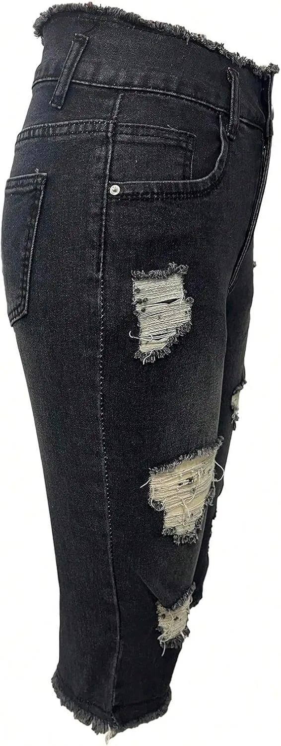 Skinny Capri Jeans for Women Low Rise Cropped Stretchy Ripped Jeans Raw Hem Distressed Denim Jeggings with Pockets