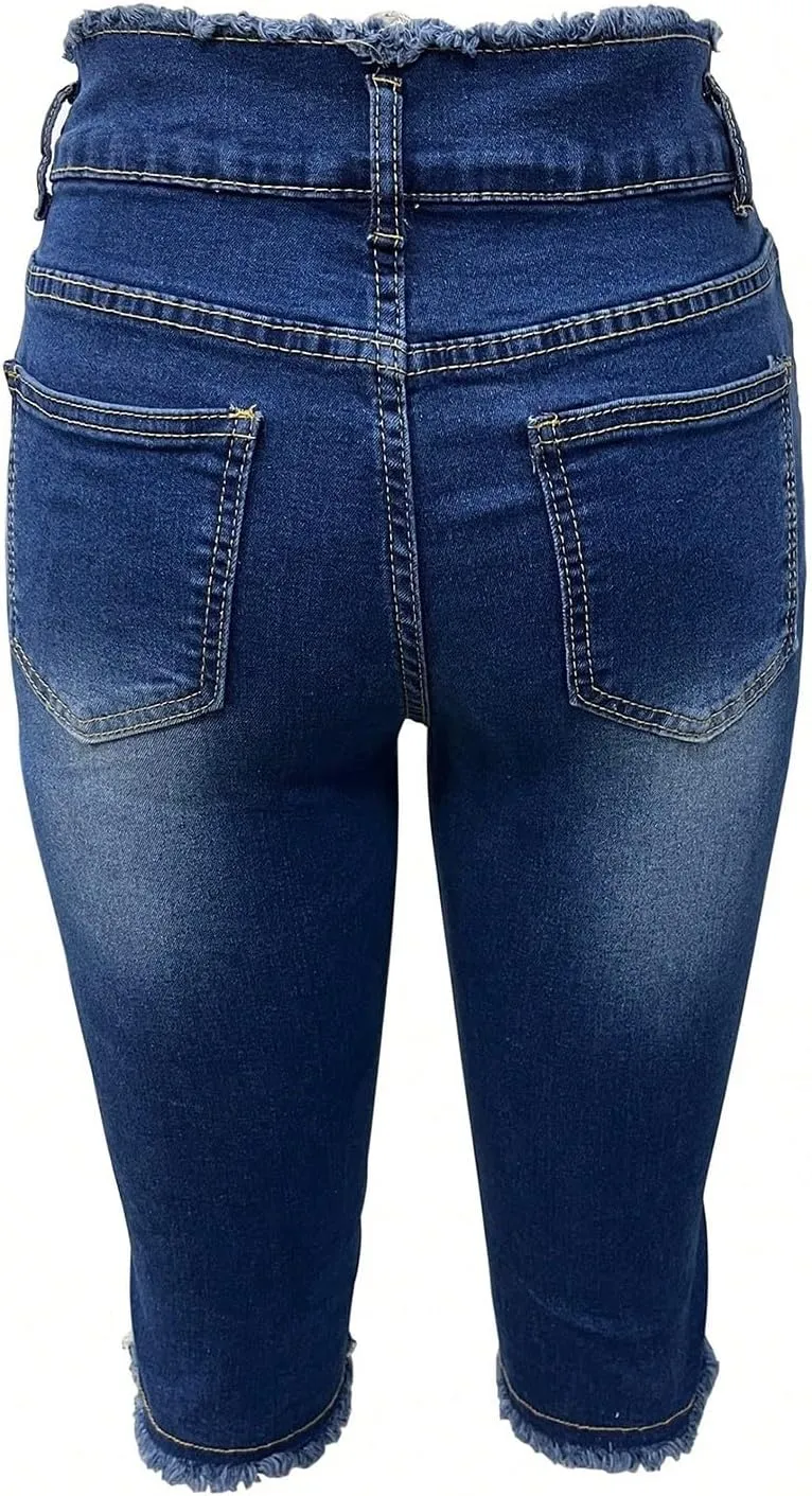 Skinny Capri Jeans for Women Low Rise Cropped Stretchy Ripped Jeans Raw Hem Distressed Denim Jeggings with Pockets