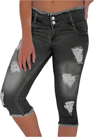 Skinny Capri Jeans for Women Low Rise Cropped Stretchy Ripped Jeans Raw Hem Distressed Denim Jeggings with Pockets