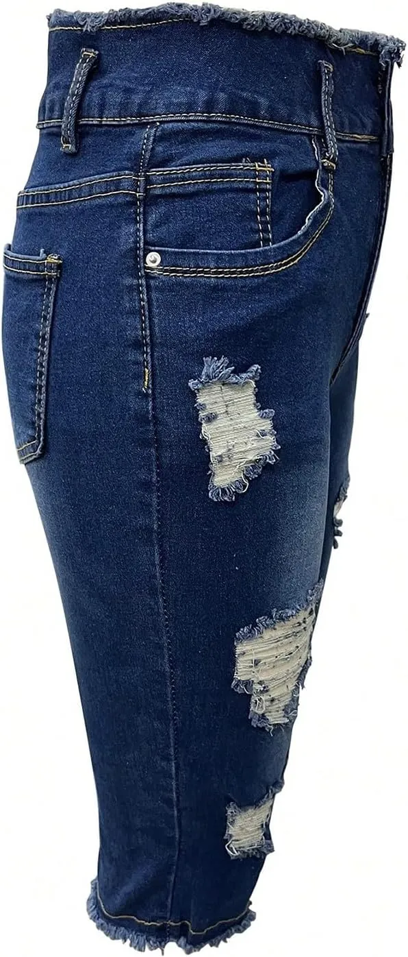 Skinny Capri Jeans for Women Low Rise Cropped Stretchy Ripped Jeans Raw Hem Distressed Denim Jeggings with Pockets