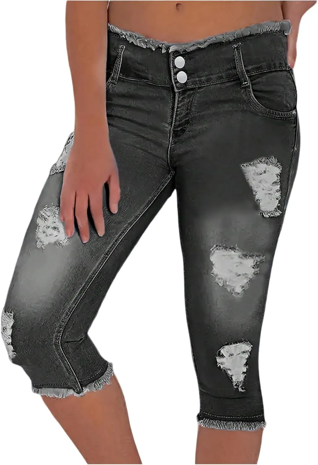 Skinny Capri Jeans for Women Low Rise Cropped Stretchy Ripped Jeans Raw Hem Distressed Denim Jeggings with Pockets