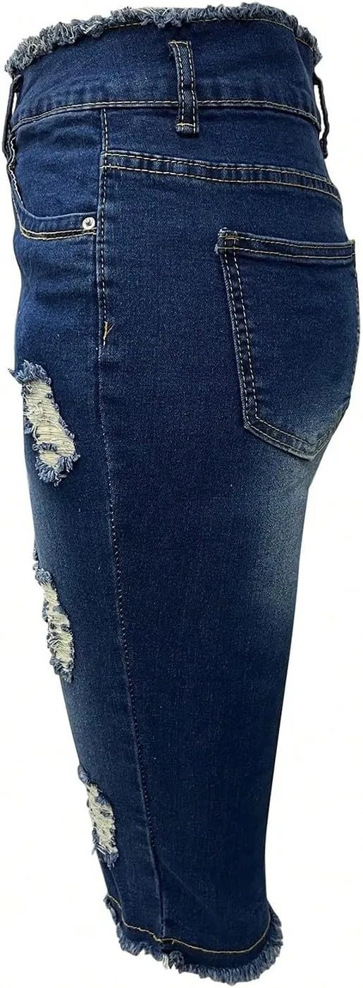 Skinny Capri Jeans for Women Low Rise Cropped Stretchy Ripped Jeans Raw Hem Distressed Denim Jeggings with Pockets