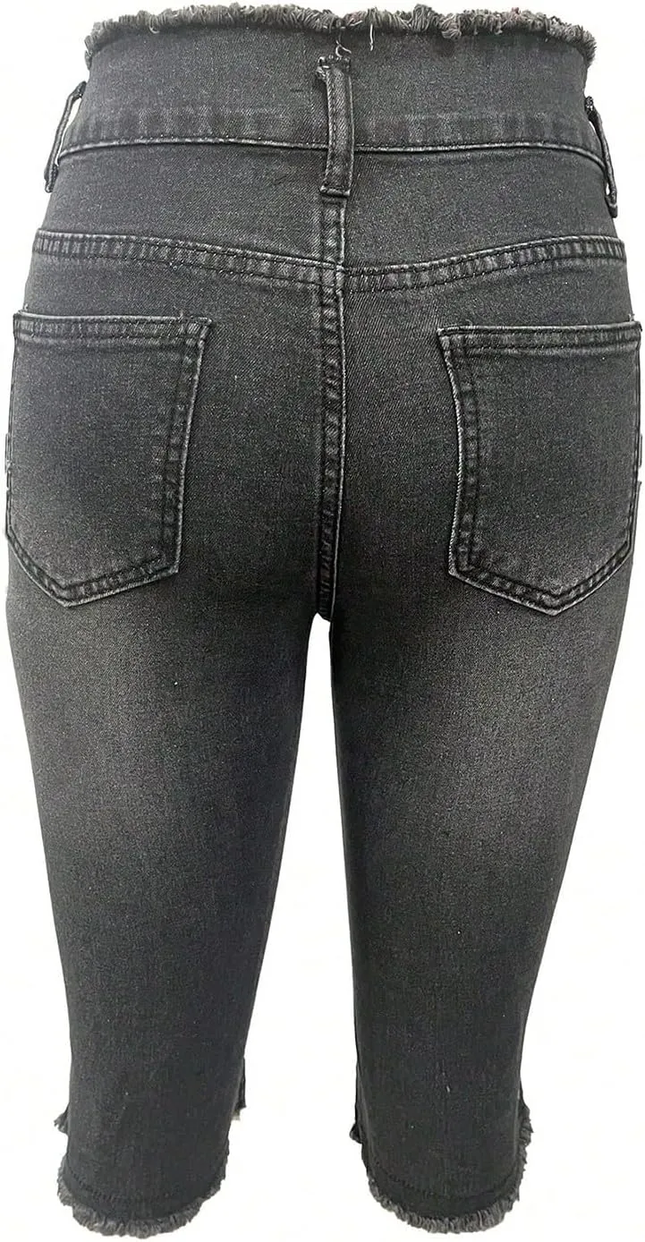 Skinny Capri Jeans for Women Low Rise Cropped Stretchy Ripped Jeans Raw Hem Distressed Denim Jeggings with Pockets