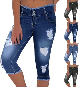 Skinny Capri Jeans for Women Low Rise Cropped Stretchy Ripped Jeans Raw Hem Distressed Denim Jeggings with Pockets