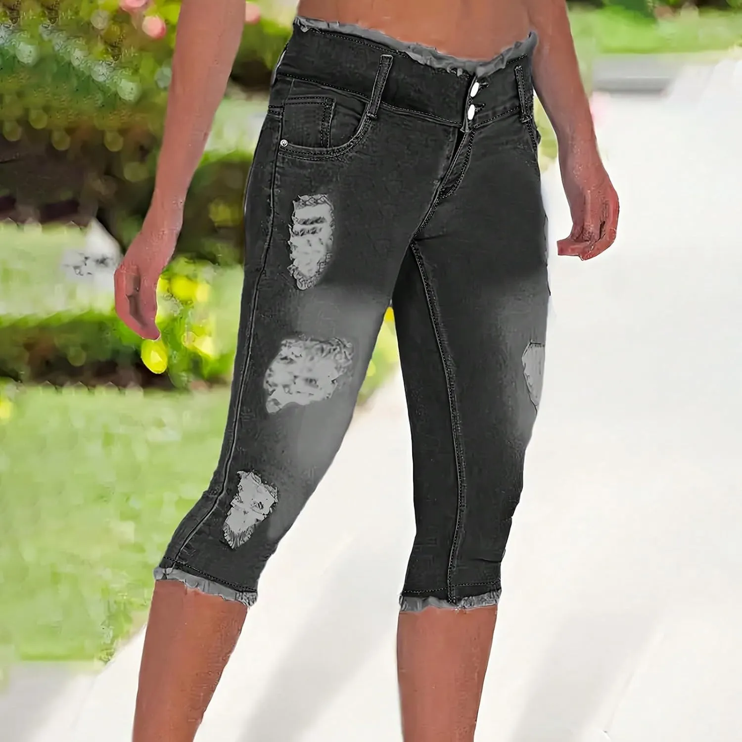 Skinny Capri Jeans for Women Low Rise Cropped Stretchy Ripped Jeans Raw Hem Distressed Denim Jeggings with Pockets