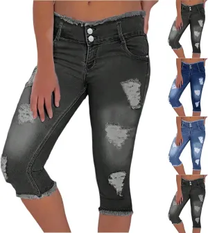 Skinny Capri Jeans for Women Low Rise Cropped Stretchy Ripped Jeans Raw Hem Distressed Denim Jeggings with Pockets