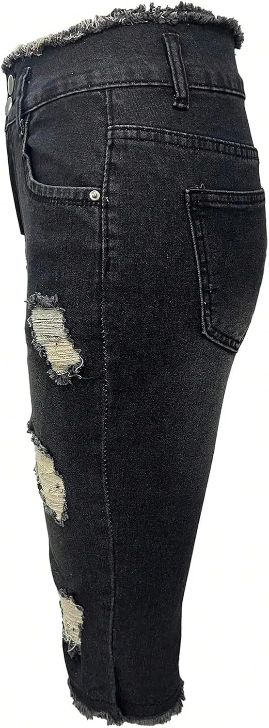 Skinny Capri Jeans for Women Low Rise Cropped Stretchy Ripped Jeans Raw Hem Distressed Denim Jeggings with Pockets