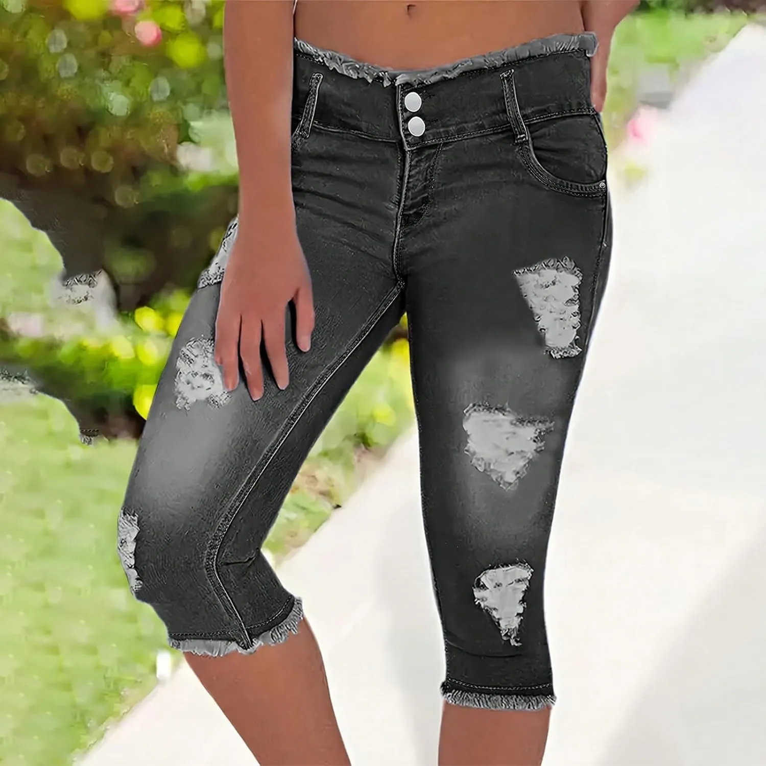 Skinny Capri Jeans for Women Low Rise Cropped Stretchy Ripped Jeans Raw Hem Distressed Denim Jeggings with Pockets