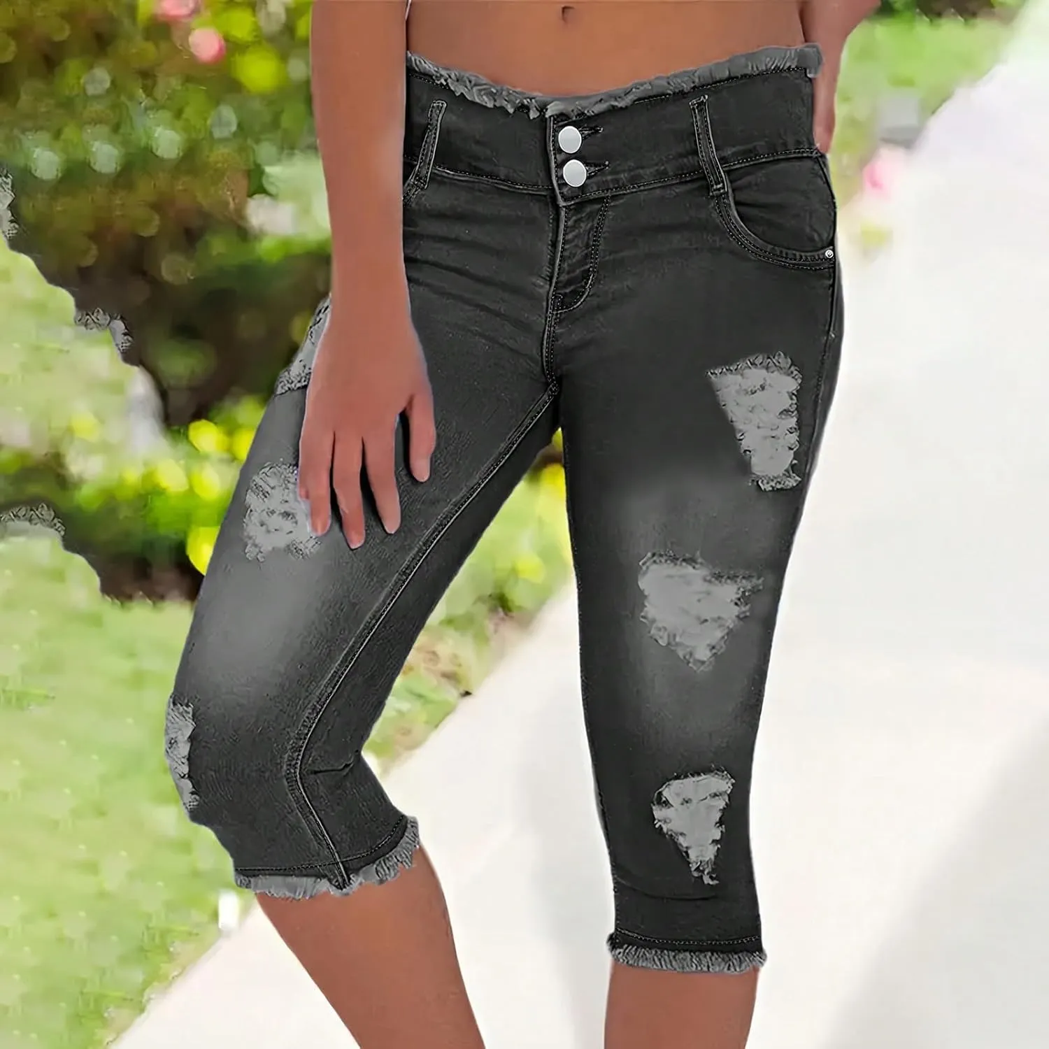 Skinny Capri Jeans for Women Low Rise Cropped Stretchy Ripped Jeans Raw Hem Distressed Denim Jeggings with Pockets