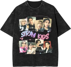 Skz Shirt Men Vintage Washed Cotton T-Shirts Fantasy Graphic Oversized Tee Top
