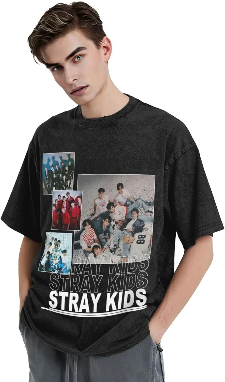 Skz Shirt Men Vintage Washed Cotton T-Shirts Fantasy Graphic Oversized Tee Top
