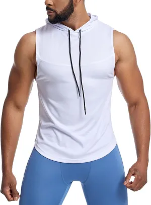 Sleeveless Hoodies for Men Quick Dry Tank Tops with Drawstring Muscle Shirt Fitness Athletic Tees Workout Gym Shirts