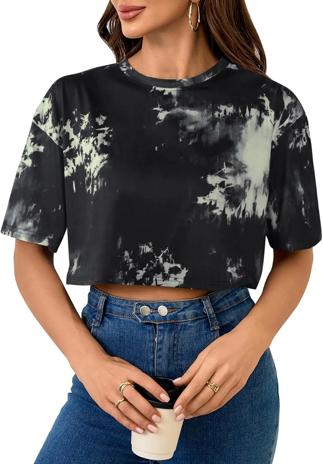 SOFIA'S CHOICE Tie Dye Crop Tops for Women Loose Fit Summer Short Sleeve T Shirt Boxy Cropped Tees