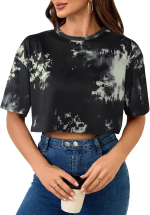 SOFIA'S CHOICE Tie Dye Crop Tops for Women Loose Fit Summer Short Sleeve T Shirt Boxy Cropped Tees