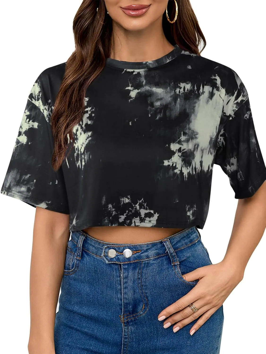 SOFIA'S CHOICE Tie Dye Crop Tops for Women Loose Fit Summer Short Sleeve T Shirt Boxy Cropped Tees