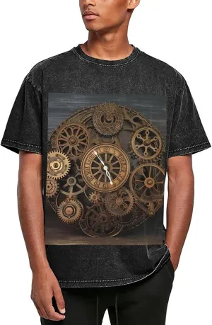 Steampunk Gears Clock Mens Oversized T Shirts Vintage Cotton Short Sleeves Casual Summer Tee Washed Unisex Tops