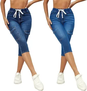 Stretchy Capri Jeans for Women Petite High Waisted Skinny Jeans Casual Elastic Drawstring Denim Capris with Pockets