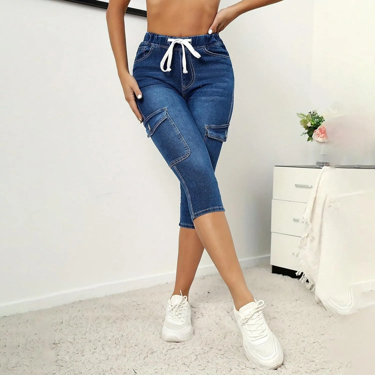 Stretchy Capri Jeans for Women Petite High Waisted Skinny Jeans Casual Elastic Drawstring Denim Capris with Pockets