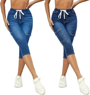 Stretchy Capri Jeans for Women Petite High Waisted Skinny Jeans Casual Elastic Drawstring Denim Capris with Pockets