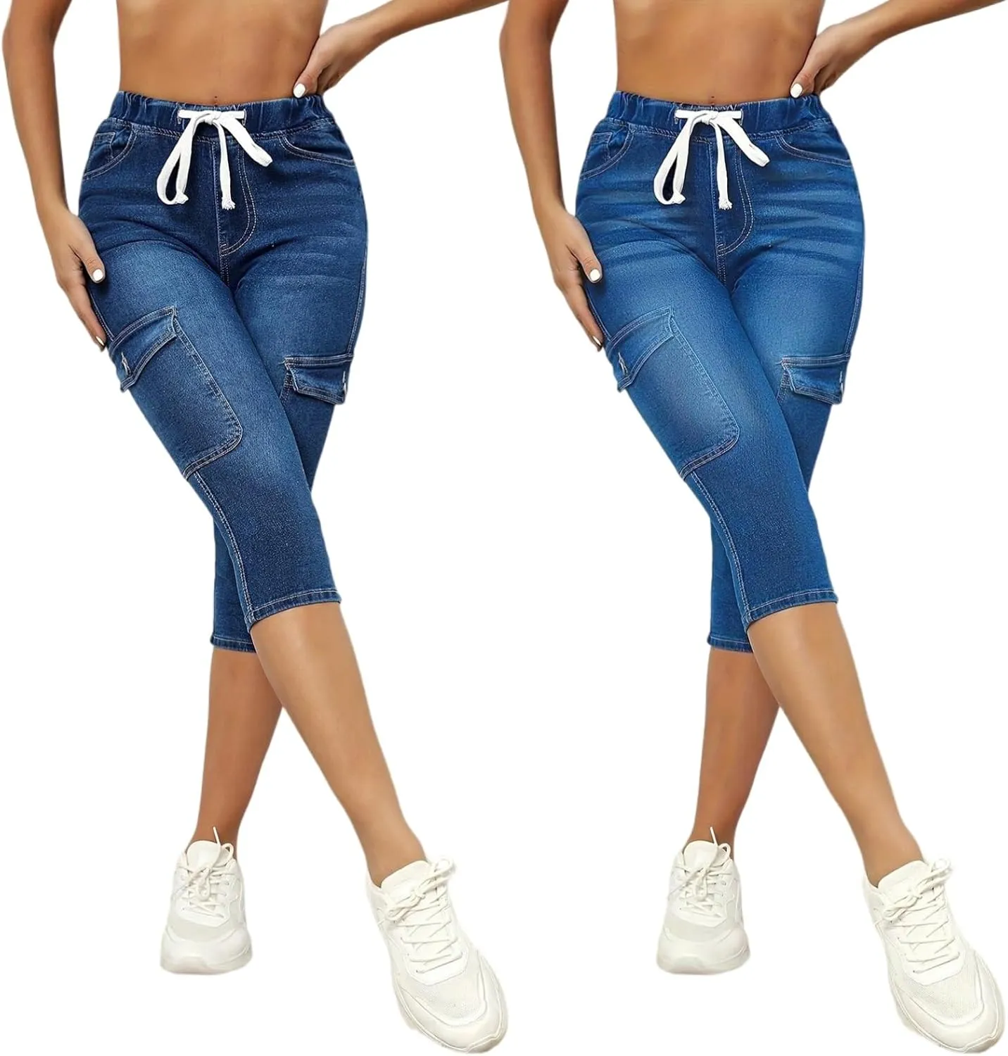 Stretchy Capri Jeans for Women Petite High Waisted Skinny Jeans Casual Elastic Drawstring Denim Capris with Pockets